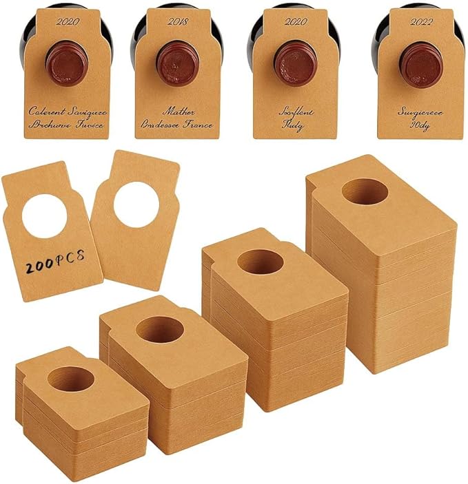 200 PCS Wine Bottle Tags –Paper Hanging Cellar Labels for Bottle Neck, Double-Sided Writable Gift Tags for Wine Racks, Champagne & Homebrew Organization (Kraft)