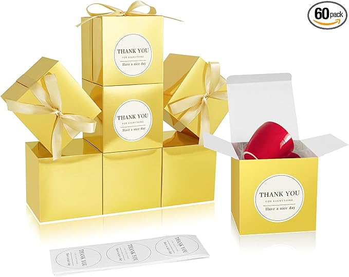 COTOPHER Small Gift Boxes 60 Pack 4x4x4 inches Gold Gift Boxes with Lids for Gifts, Crafting, Wedding Party Favor, Cupcake Boxes, Candy, Bridesmaids Proposal Box with Ribbons and Stickers (Metallic