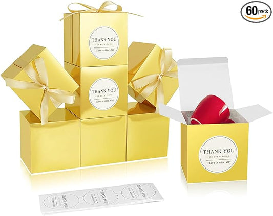 COTOPHER Small Gift Boxes 60 Pack 4x4x4 inches Gold Gift Boxes with Lids for Gifts, Crafting, Wedding Party Favor, Cupcake Boxes, Candy, Bridesmaids Proposal Box with Ribbons and Stickers (Metallic