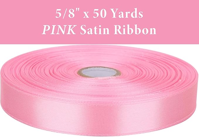 5/8 Inch Pink Satin Ribbon 50 Yards Solid Fabric Ribbons for Gift Wrapping, Crafts and DIY Projects, Bows Making, Wedding, Party, Holiday Decor