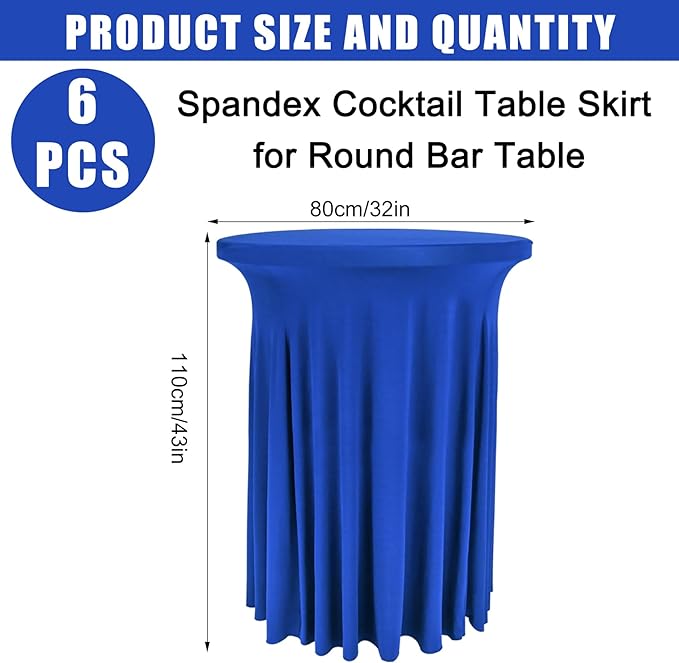 6 Pack Round Cocktail Tablecloth 32"x 43" Spandex Cocktail Table Skirt, Washable Stretch Fitted Table Covers for High Top Bar,Wedding,Party,Events (Royal Blue)