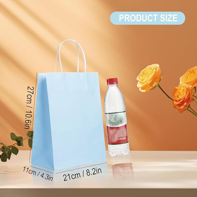 BAG BOX 100 Pack Medium 8.25x4.3x10.6 Inch Blue Kraft Paper Gift Bags with Handles for Bulk Shopping, Retail, Craft, Party Favors, Wedding, Grocery & Sacks