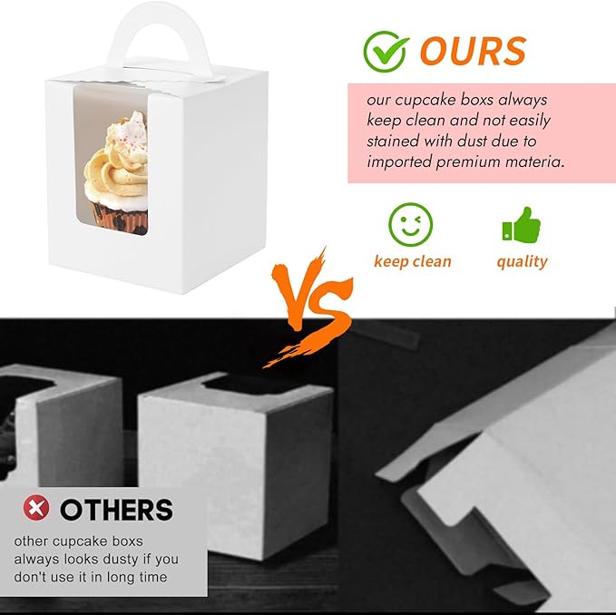 JCD 120Packs Cupcake Boxes with Window and Handle and Insert,Individual Disposable White Single Cupcakes Box Individuals Cupcake Holders White Single Cupcakes Boxes Containers (White/120Pcs)
