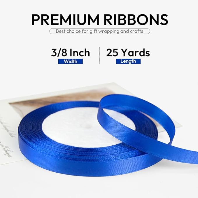 3/8 Inch 25 Yards Satin Ribbon Royal Blue, Solid Color Fabric Ribbon for Gift Wrapping, Wedding, Polyester Gift Ribbon for Birthday Party Decoration, Craft, Hair, Floral, Sewing
