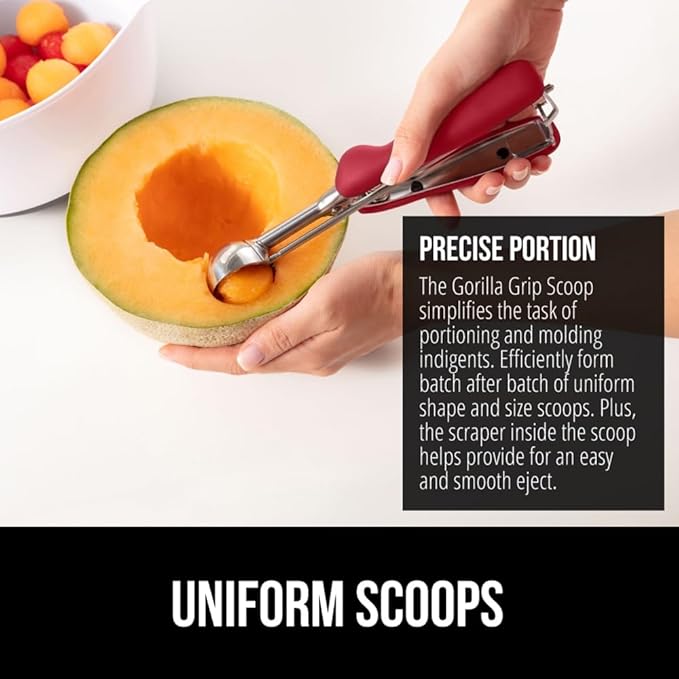 GORILLA GRIP Stainless Steel Cookie Scoop for Baking, 1 TBSP, Multipurpose Melon Baller, Meatball Spring Scoops, Perfect Portion Sizes, Easy Food Release, Scooper Size 60, BPA-Free Kitchen Tool, Red