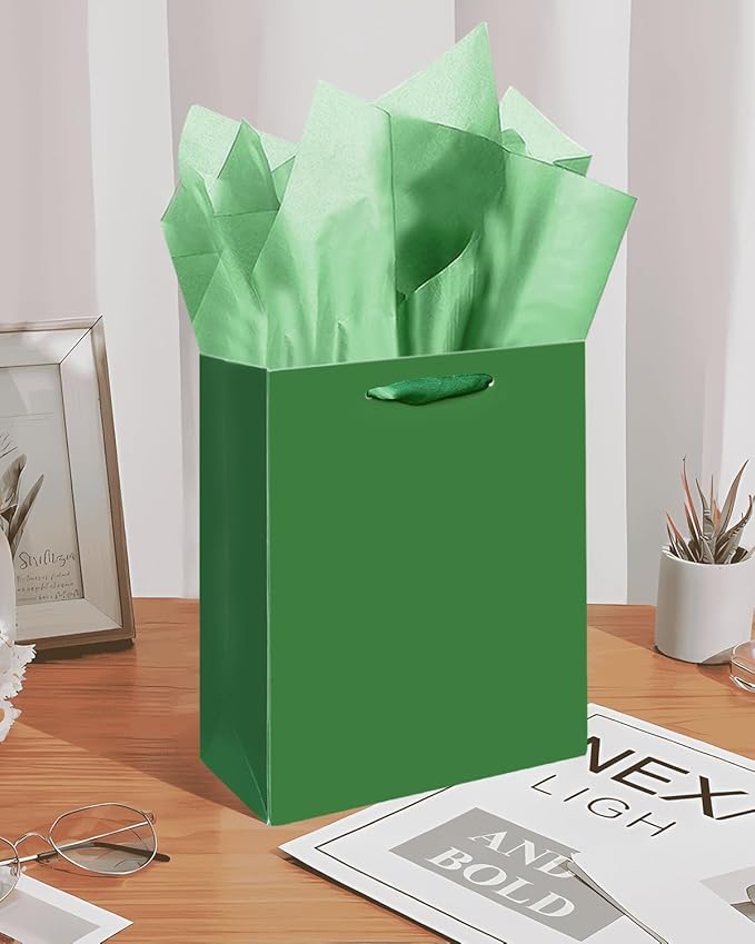Gcardist Dark Green Gift Bags with Tissue Paper for Wedding, Birthday, Party Supplies-7.9"x4.3"x9.6" Medium Size Cardboard Gift Bags（16pcs Bags +32pcs Tissue Paper ）