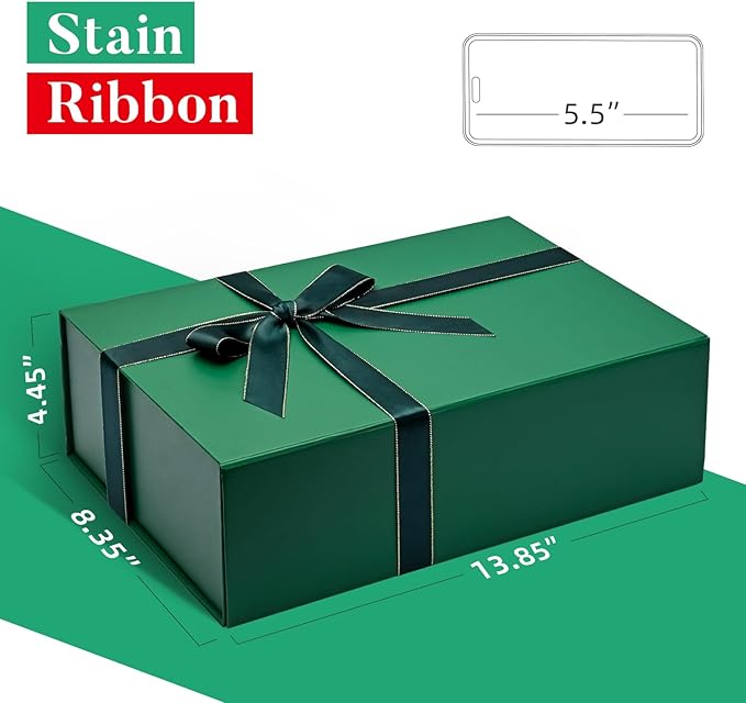 LIFELUM Green Gift Box for Presents 1 Pack 13.85 x 8.35 x 4.45 inch Big Decorative Gift Box for Clothes with Magnetic Lids Luxury Accessories Card, Ribbon, Filler,Sticker Christmas