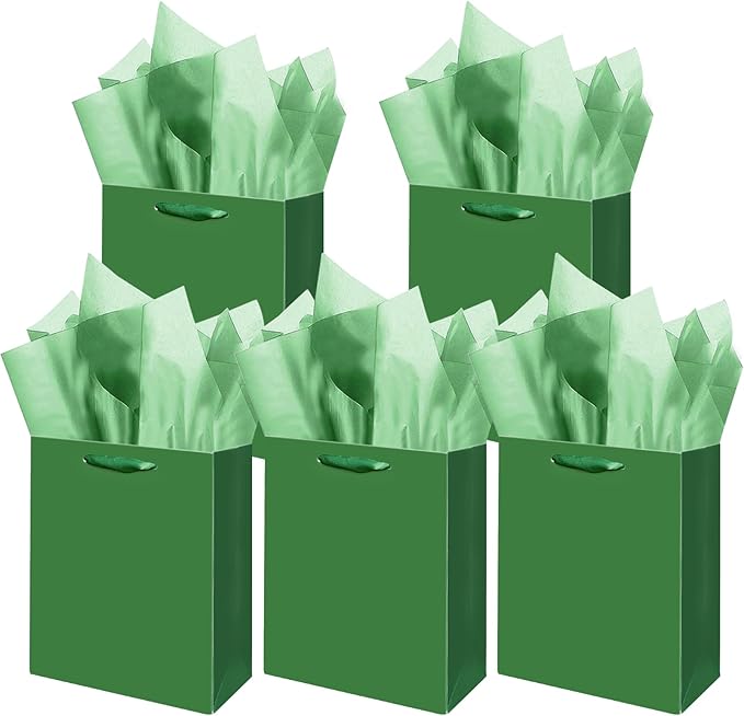 Gcardist Dark Green Gift Bags with Tissue Paper for Wedding, Birthday, Party Supplies-7.9"x4.3"x9.6" Medium Size Cardboard Gift Bags（5pcs Bags +10pcs Tissue Paper ）