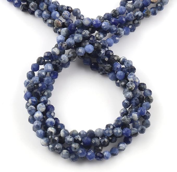 Song Xi 90pcs 4mm Natural Old Blue Sodalite Gemstone Beads Faceted Round Loose Stone Beads for Jewelry Making