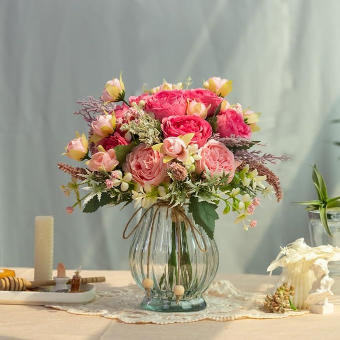 Artificial Peonies Silk Flowers Bouquet in Glass Vase Faux Flowers Bouquets Modern Penoy Arrangement for Home Decoration Table Centerpiece (Bouquet-Rose Red)