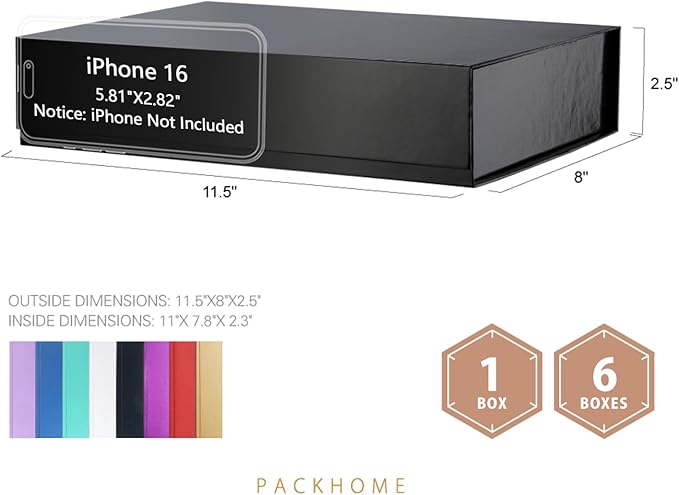 PACKHOME 6 Gift Boxes 11.5x8x2.5 Inches, Sturdy Shirt Boxes with Magnetic Lids for Multiple Occasions (Glossy Black)