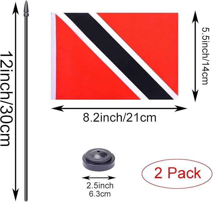 WXTWK 2 Pack Trinidad Flag Trinidad Deluxe Desk Flag Set - Mini Small Trinidad and Tobago Table Office Flags with Black 12" Solid Pole Stand Base Classroom Meeting Desktop Decorations