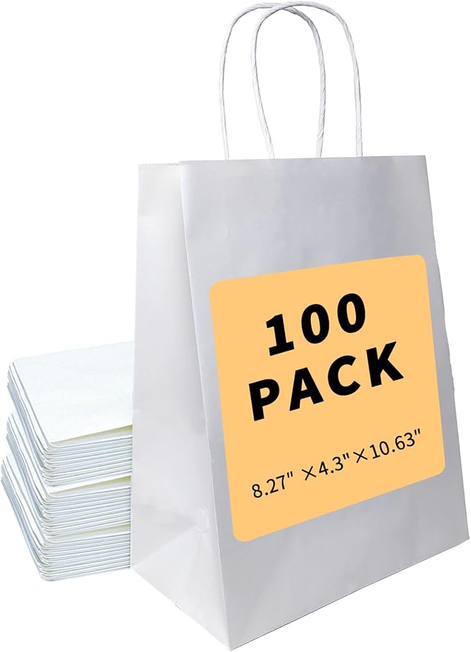 BAG BOX 100 Pack 8.25x4.3x10.6 Inch White Gift Bags with Handles,Bulk Kraft Paper Bags for Shopping, Retail, Merchandise, Wedding, Party Favors, Paper Grocery Sacks