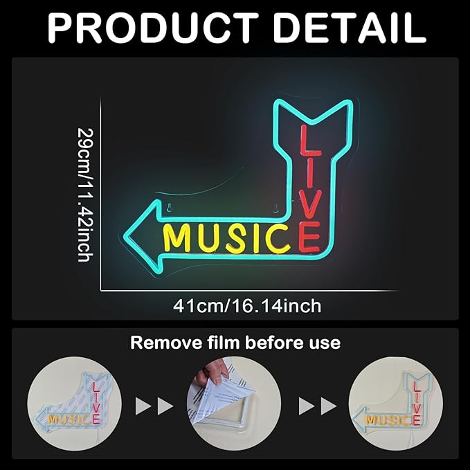 LIVE MUSIC Neon Sign – LED Arrow Neon Light for Wall Decor, USB Powered, for Bedroom, Bar, Studio, Cafe, Game Room, Party, Home Decor Gifts for Music Lovers