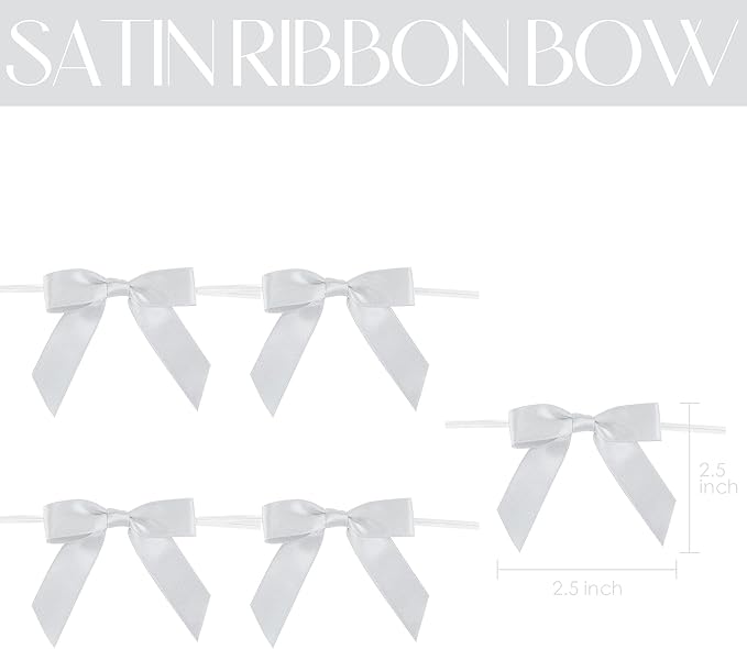 AIMUDI Silver Satin Ribbon Twist Tie Bows 2.5" Pretied Bows Premade Craft Bows for Treat Bags Cake Pop Gift Wrapping Basket Wedding Favors Cookie Candy Bagging Baby Shower - 50 Counts