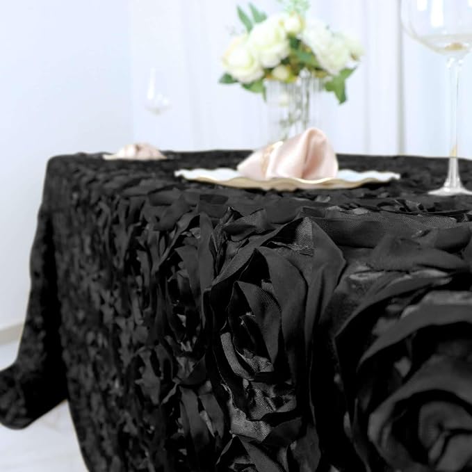 Efavormart 90"x132" Wholesale Rectangle Table Cover Black Grandiose Rosette 3D Satin Tablecloth for Wedding Party Event