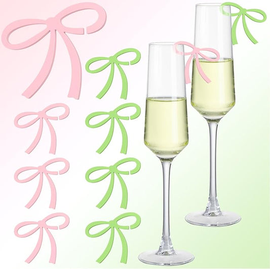 50 Pcs Bows Drink Tags Coquette Bow Wine Glass Charms Acrylic Bowknot Drink Tag for Bachelorette Birthday Wedding Coquette Tasting Party Decor Accessory(Green, Pink)