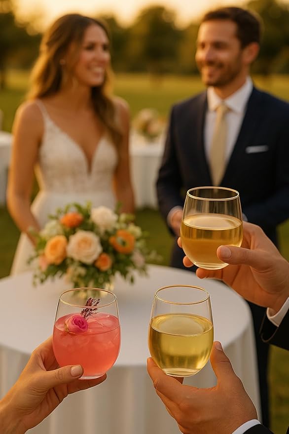 48 Pack 10 oz Small Plastic Stemless Wine Glasses with Rose Gold Rim – Disposable, Shatterproof, Crystal Clear Cups for Weddings, Parties, Events, and Toasts – Elegant & Reusable Drinkware