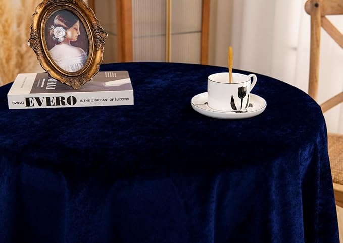 F-CHU Blue Tablecloth Thickset Velvet Tablecloth with Beautiful Gold Tassels Vintage Table Cloth for Home Decor Wedding, Party, Banquet and Events 60" Round