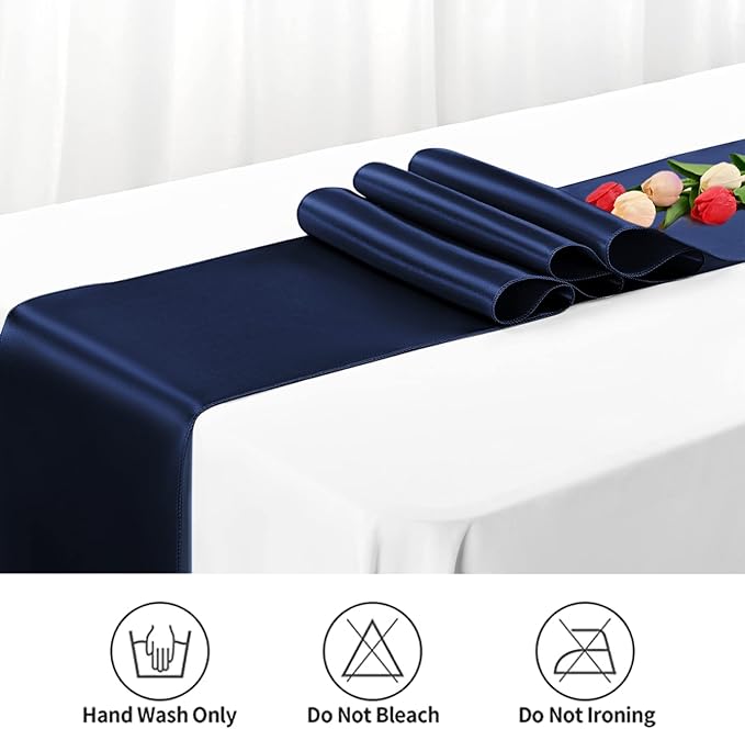 12 Pack Navy Blue Satin Table Runner,12 x 108 inch Long Premium Smooth Table Runner for Wedding, Banquets, Birthday, Party, Graduation, Engagements, Table Runners fit Rectangle and Round Table