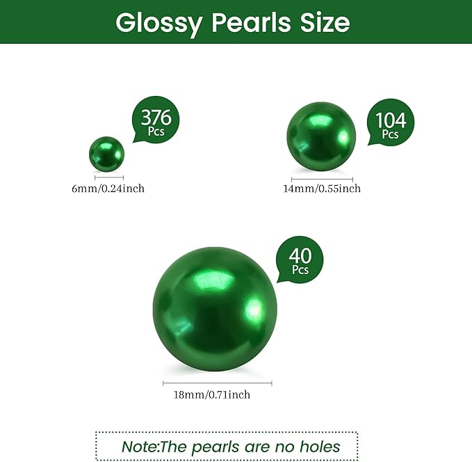 520Pcs Green Glossy Beads for Centerpiece Decor, Artifical Pearls Vase Filler, No Hole Round Pearl Beads for Wedding Birthday Christmas Party Home Decor(18mm 14mm 6mm)