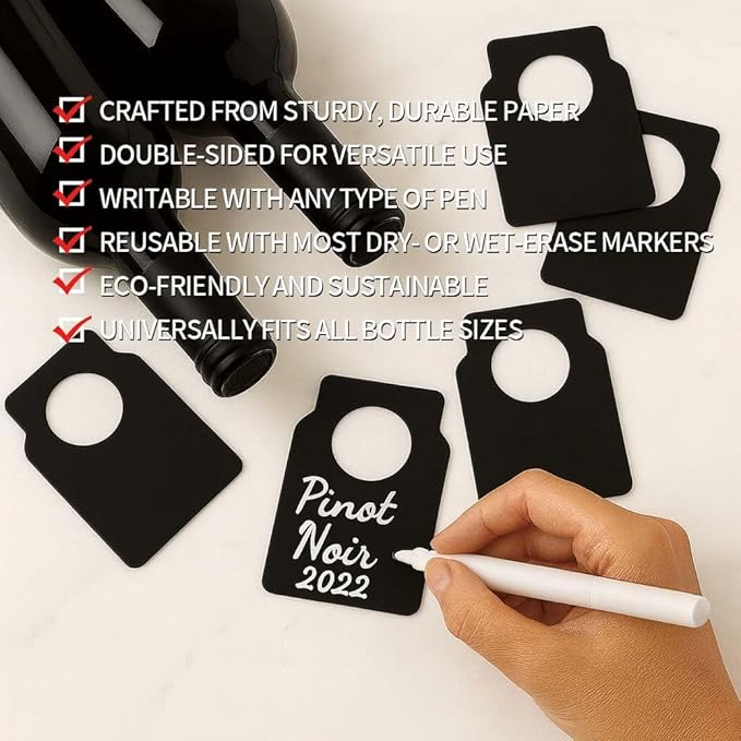 200 PCS Wine Bottle Tags –Paper Hanging Cellar Labels for Bottle Neck, Double-Sided Writable Gift Tags for Wine Racks, Champagne & Homebrew Organization (Black)