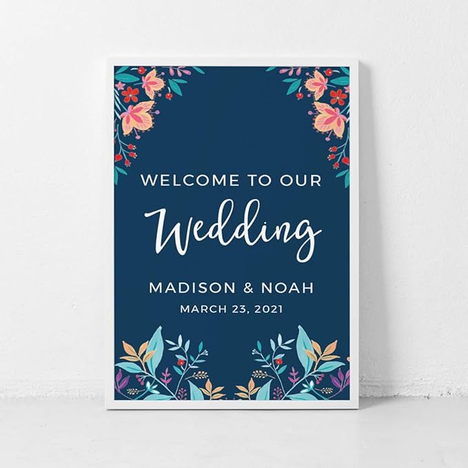 Andaz Press Personalized Extra Large Wedding Easel Board Party Sign, 12x18-inch, Vintage Bohemian Flowers on Navy Blue, Welcome to Our Wedding Bride Groom Name Date, 1-Pack, Custom
