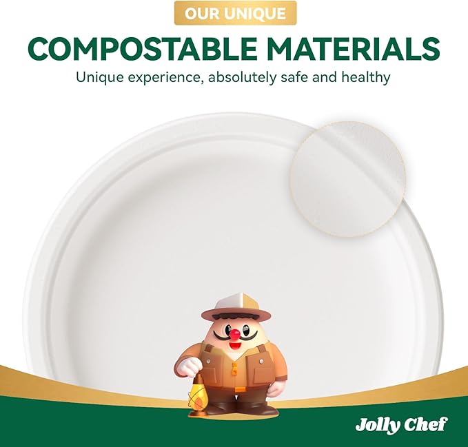 JOLLY CHEF Compostable Heavy Duty Plates 𝟭𝟬 𝗜𝗻𝗰𝗵 [𝟯𝟬𝟬 𝗣𝗮𝗰𝗸] Eco-Friendly Disposable White Paper Plates Made of Bagasse Biodegradable Bulk for Party Dinner Sugarcane Fibers Round 300 Count