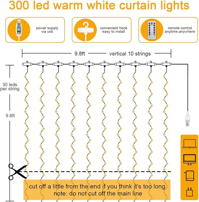 Vicloon Fairy Curtain Lights,300 LED White Curtain Lights,8 Modes 9.8×9.8Ft Waterproof Window Curtain String Light USB Powered with Remote Control,Christmas String Lights Curtain for Indoor/Outdoor