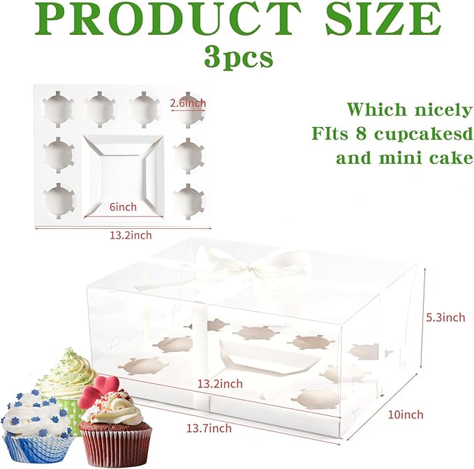 JCD 3 Pcs Bento Clear Boxes 1 mini Cake and 8 Cupcakes Box Cake Cupcake Combo Box Rectangle Cupcake Holder for Treats, Dessert Boxes, Muffins (1+8/3Pcs)