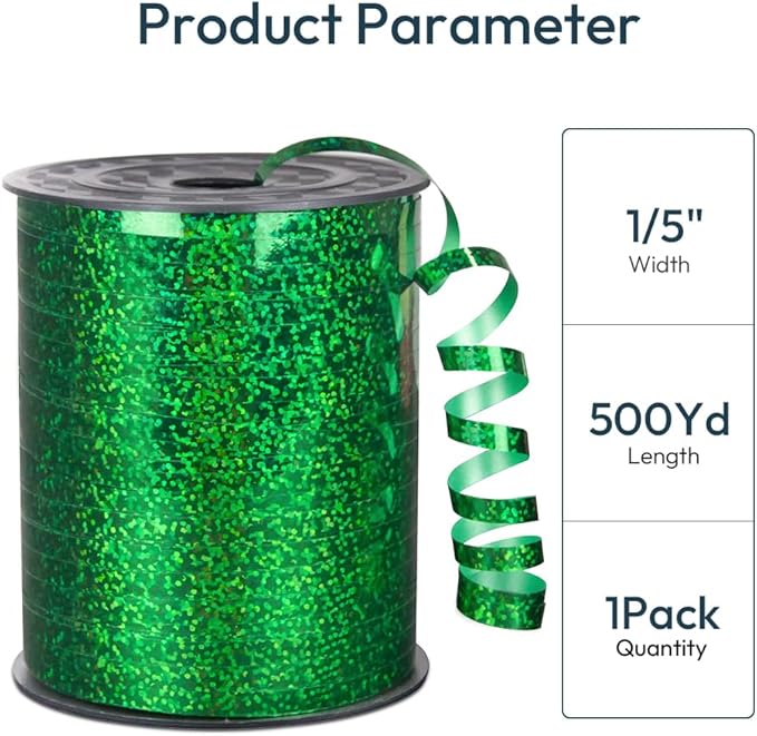 KMER LIFE Premium Green Shiny Curling Shiny Ribbon, 1/5" Wide x 500 Yards Christmas Curling Ribbons for Gift Wrapping, Party Decoration, Balloon String, Ribbons for Florist Flower (1 Roll)