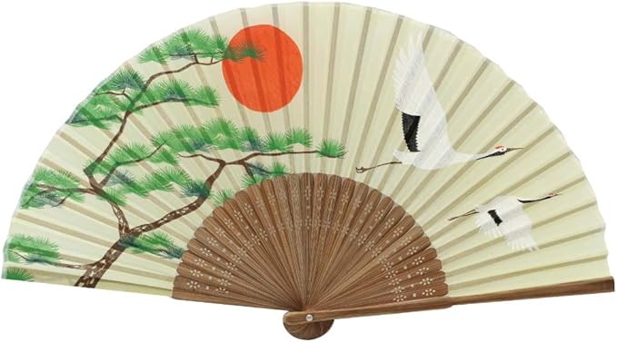 Terra Distribution Folding Fan [Japan Import] Hand Fans for Women Foldable, Japanese Fan, Unique Design, Handmade Bamboo, Silk Fan, 8.6" (22cm), Abanicos de Mano (347 (Crane, Pine Tree))