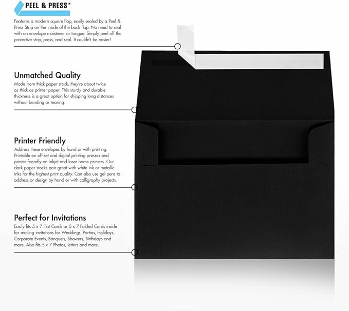 LUXPaper A7 Invitation Envelopes | Peel & Press | 5 1/4" x 7 1/4" | Black Linen | 80lb. Text | 250 Qty