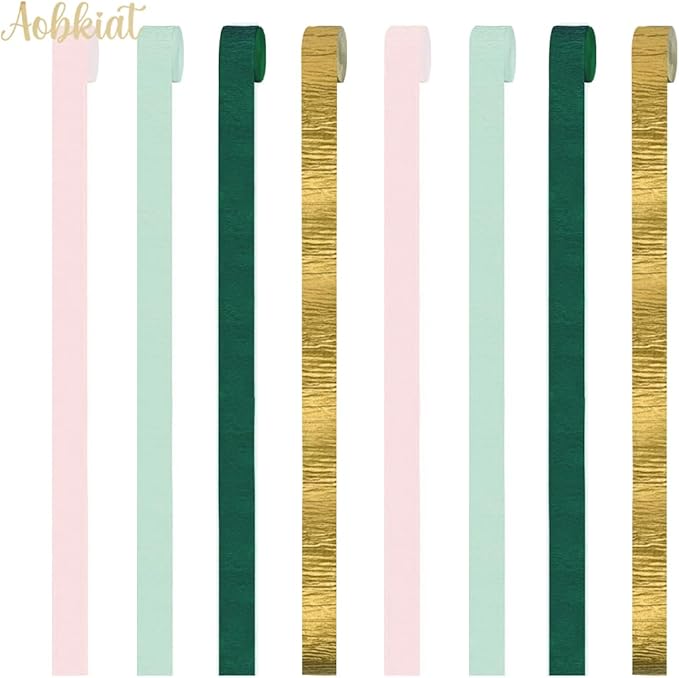 AOBKIAT Wedding Decor Sage Pink Gold Crepe Paper 8 pcs Streamers Party Decorations for Wedding,Rustic Bachelorette,Birthday,Bridal/Baby Shower,Anniversary Party Backdrop Decoration