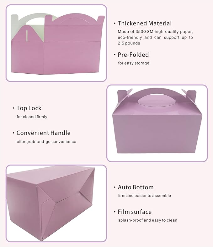 30-Pack Lavender Mist Gable Treat Boxes with Handles, 6" Pop-Up Party Favor Gift Boxes for Birthday,Wedding,Baby Shower, Eco-Friendly Candy, Cookie, Goodie Bags for Kids, Bachelorette Decor