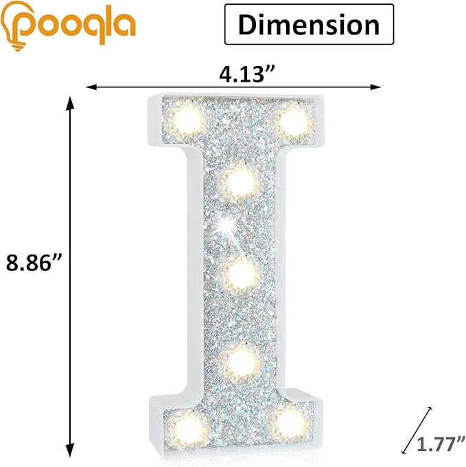 Pooqla Light Up Letters, LED Marquee Letters for Silver Birthday Decorations, Battery Powered Night Light Teenager Girl Room Decor, Gift for Girls Boys Wedding Bedroom Christmas Party Decor, Letter I
