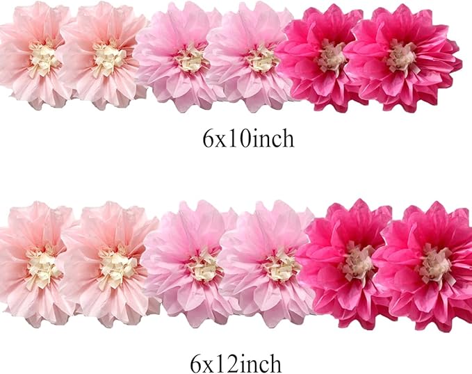 12pcs 10in 12in Paper Flowers Tissue Flowers Pom Paper Pom Poms Hanging Flowers Floral Backdrop Wedding Party Flower Decorations DIY Art Craft Blooms for Birthday Baby Shower Nursery Decor Pink