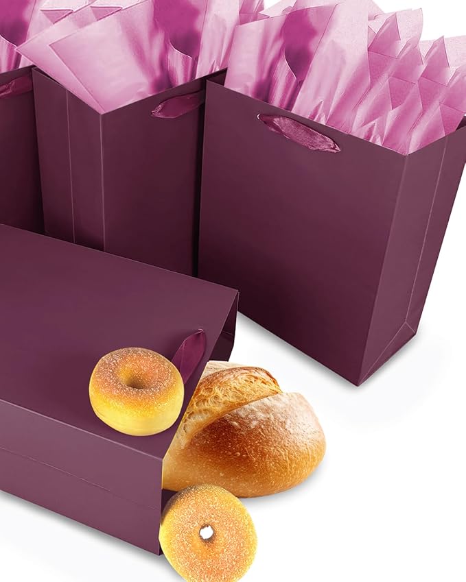 Gcardist Deep Purple Gift Bags with Tissue Paper for Wedding, Birthday, Party Supplies-7.9"x4.3"x9.6" Medium Size Cardboard Gift Bags（5pcs Bags +10pcs Tissue Paper ）