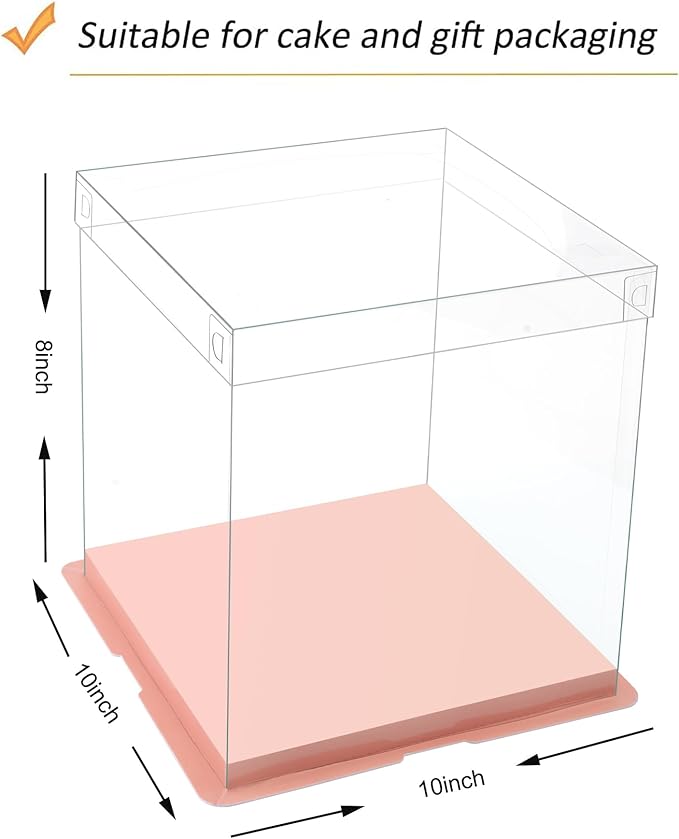 XININSUN clear cake box with ribbon,8inch 10inch cake boxes,transparent tall cake box cake carrier,Square Cardboard Cake Containers clear gift box for Wedding,Birthday,Party(6pcs-Pink)
