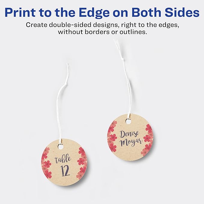 Avery Kraft Brown Round Tags, Sure Feed Technology, 2" Diameter, Printable on Both Sides, Includes Strings, 96 Total (80515)