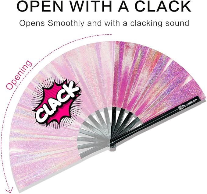 Large Rave Fan, Clack Folding Hand Fan with Premium Fabric, Thick Bamboo Frame for Men Women Gift for EDM, Festival, Club, Party, Dance, Decoration (Lridescent Pink, 13")