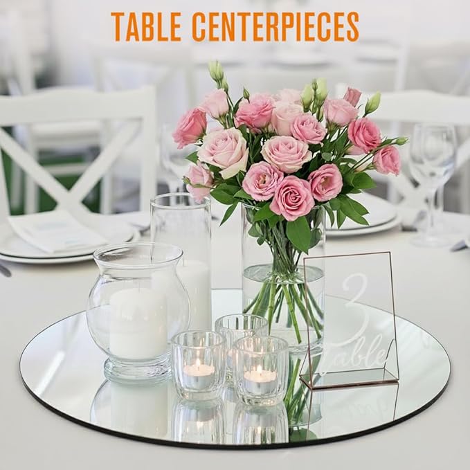 Houseables Mirror Centerpieces for Tables, Round Mirrors for Centerpieces, Mirrored Trays, Round Table Plate Tray, Circle, Glass Charger, Wedding, Center Piece, Small, Base, Candle, 10 Inch, 12 Pack