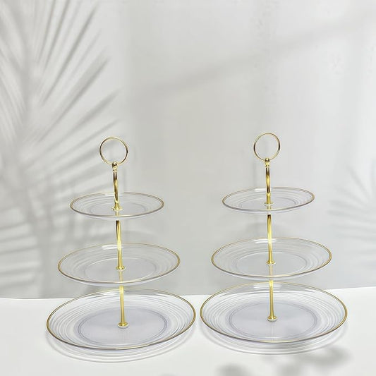 RAUVOLFIA 3 Tier Cupcake Stand, Small Tiered Serving Cake Stand, Transparent Plastic Dessert Stand, Weddings Parties Pastry Serving Tray (2 Pack, Clear Plate with Gold Rim)