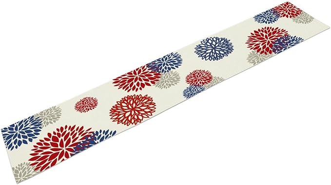 4th of July Table Runner, Blue Red Dahlia Flower American Patriotic Memorial Day Table Runner for Farmhouse Kitchen Dining Table Party Decor, 13x90inch
