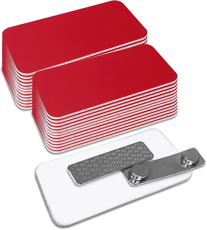 Red Name Tag Blanks – 25 Pack, 1.5" x 3", Round Corners, DIY Engravable Plastic Badges with Magnetic Backing – All Quality Badges