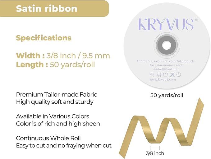 Light Gold Satin Ribbon 3/8 inch X Continuous 50 Yards, Single Face Polyester Ribbon Perfect for Gift Wrapping, Flower Bouquet, Wedding Decor, Crafts, Bow Making, Sewing and More