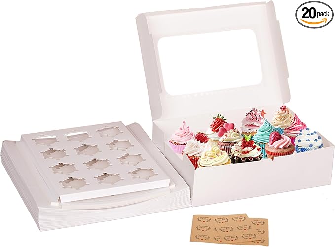 Yeplan 20 Packs Cupcake Boxes,12 Count Cupcake Boxes with Clear Window,13.4x9.8x4 Inch Cookie Boxes,Cupcake Containers,Bakery Boxes for Birthday,Wedding,Party