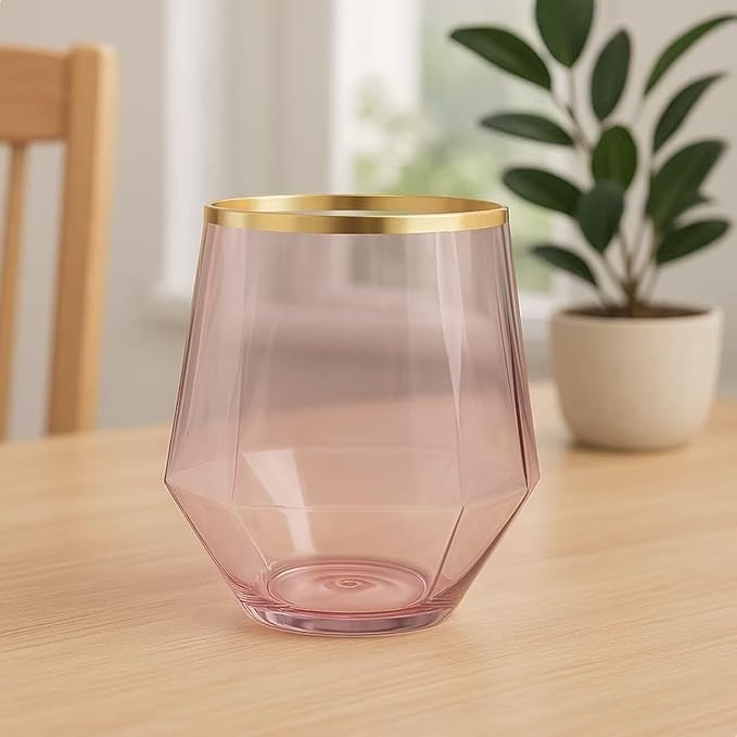 40 count Diamond Unbreakable Stemless Plastic Wine Champagne Whiskey Glasses Elegant Durable Disposable Indoor Outdoor Ideal for Home, Office, Bars, Wedding, 12 Ounce Cups (Diamond Pink Matte Gold)