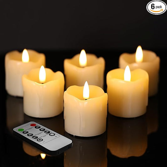 Eywamage Ivory Dripping Wax Flameless Votive Candles with Remote Batteries, 2x2 in Flickering Christmas LED Candles Set of 6