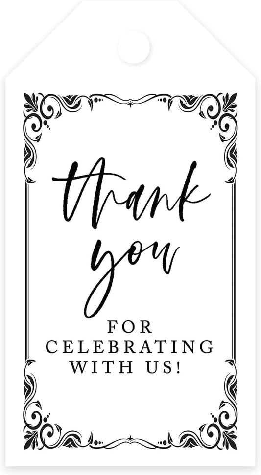 Andaz Press 100-Pack Thank You for Celebrating with Us Favor Tags Art Deco Cardstock Gift Tags with Bakers Twine for Wedding Baby Shower Bridal Shower Birthday Party Favors 2 x 3.75-Inches